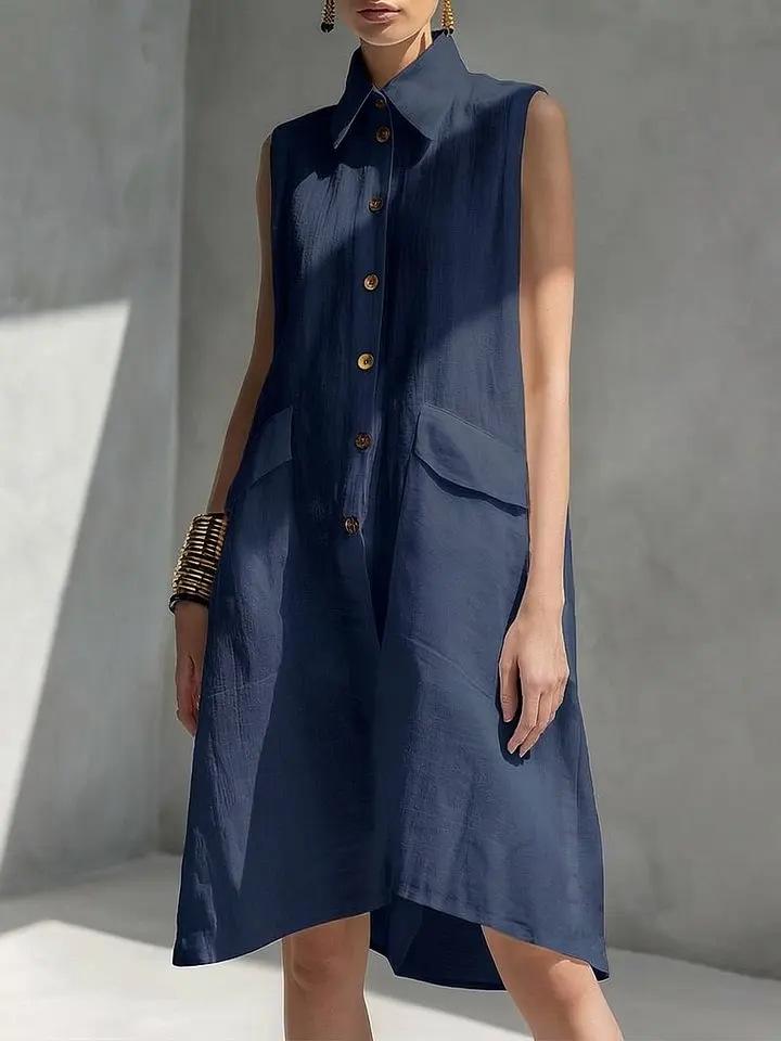 New 2026 European Summer Solid Color Sleeveless Cotton Linen Lapel Dress
