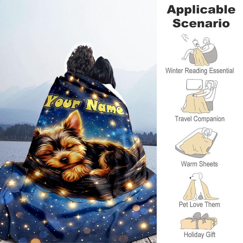 1PC Custom Name "Yorkie Dreams Lights" flannel blanket versatile,all-season throw suitable for the living room,bedroom,camping,travel,and gift