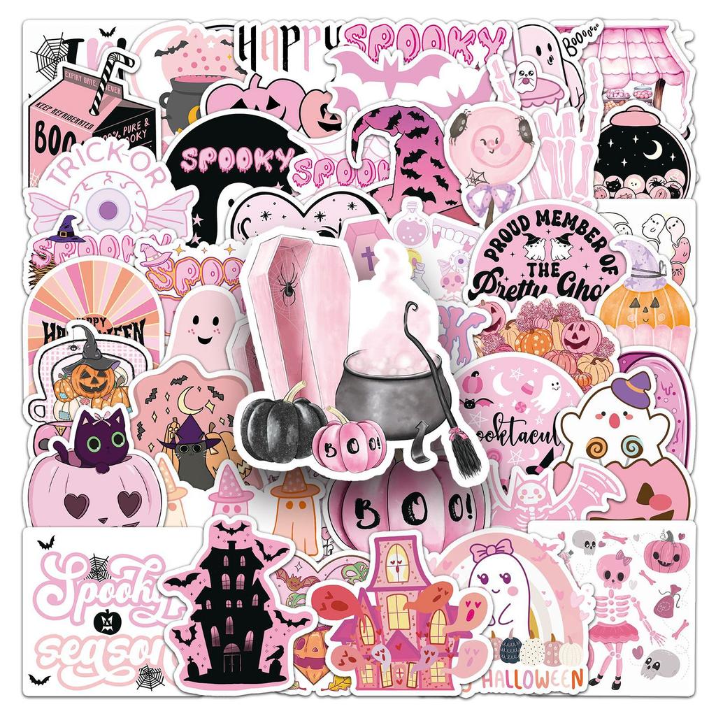 50 Розовых Хэллоуинских Граффити Наклеек Персонализированные Мультяшные Праздничные Украшения Наклейки для Чехла Мобильного Телефона и Водяной Кружки