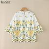 ZANZEA Women Casual Round Neck 3/4 Sleeve Floral Loose Blouse