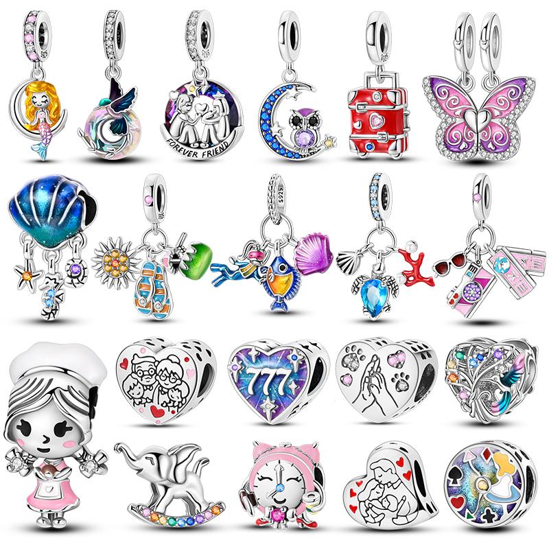 Copper Charms Clock Ocean Sea Turtle Mermaid Heart Shape Beads Fit Original Pan Pendant Bracelet Diy Woman Jewelry