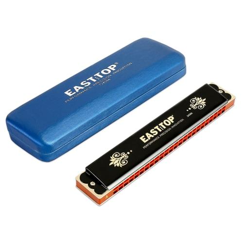 EAST TOP 24-Hole Tremolo Harmonica In A Key, Stainless Steel, with Leather Case, Cleaning Cloth, and Airtight Design for Beginners and Advanced Player