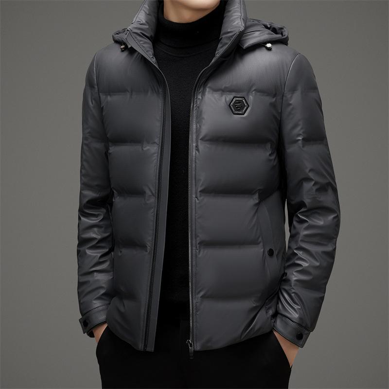 Leather Down Jacket Men's Short Winter White Duck Down Detachable Hat Waterproof and Windproof Thick Down Coat Men's Clothing