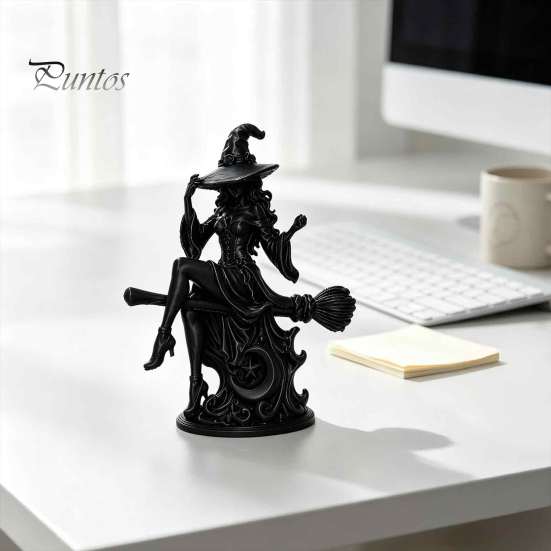 Матовая Черная Статуэтка Ведьмы Готическая на Метле Статуэтка, 3D Печатная Жуткая Настольная Фигурка для Маленькой Полки Домашней Вечеринки, Декор для Стола на Хэллоуин с Остроконечной Шляпой,