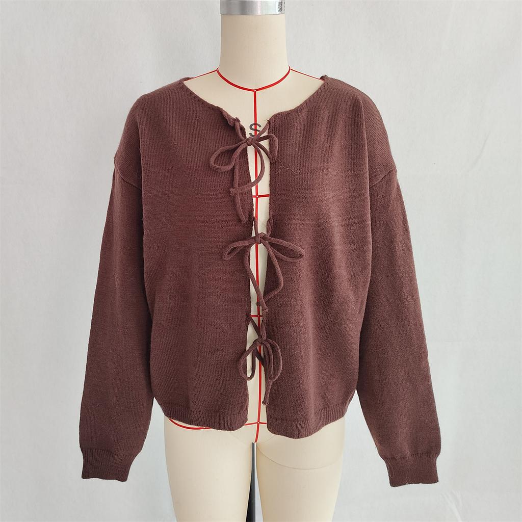 Женский кардиган с завязкой спереди и бантом, вязаный пуловер с длинным рукавом, верхняя одежда, пальто на шнуровке, с круглым вырезом, вязаные крючком кардиганы для женщин, осенний наряд, куртка-свитер