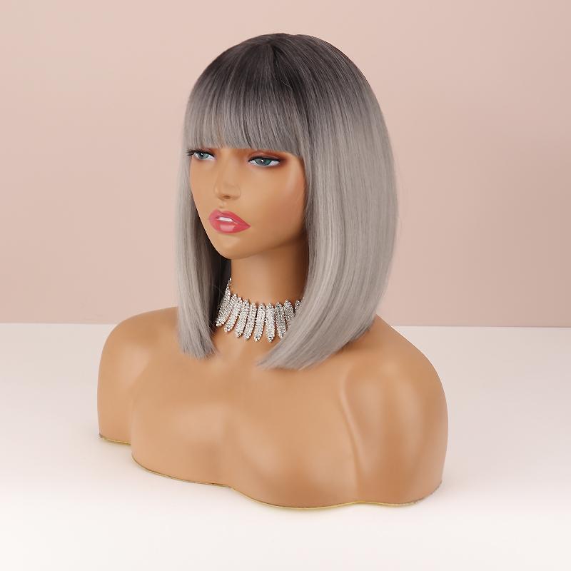 MISS WIG Женский короткий прямой парик Боб с челкой Синтетическое волокно Серый Косплей Повседневная одежда Парик Боб длиной до плеч