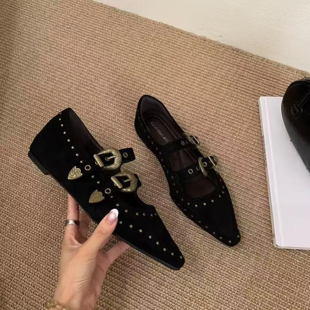 Французские ретро туфли Мэри Джейн с острым носком женские новые замшевые туфли на плоской подошве с юбками универсальные маленькие кожаные туфли