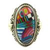 [P9847] - Artisanal Silver Ring 'Columbine & Harlequin' Multicolored Silver - 25x15 Mm