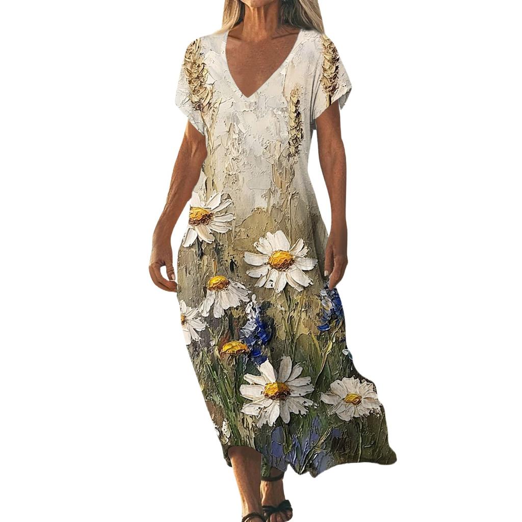 Fashion Women's Summer V-neck Short Sleeve Cotton And Linen Vintage Floral Print Beach Dress
