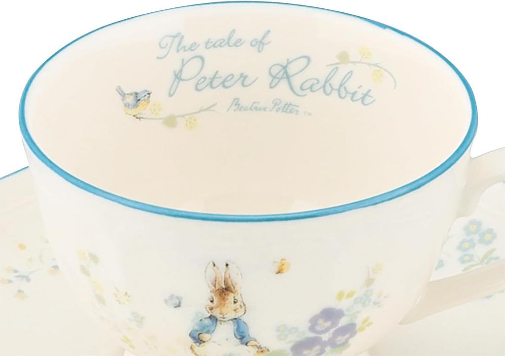 Yamaka Shoten Peter Rabbit Teacup & Saucer, 220ml, Approx. 9x6cm Diameter, Shabby Chic Flower Design, White, PR651-28