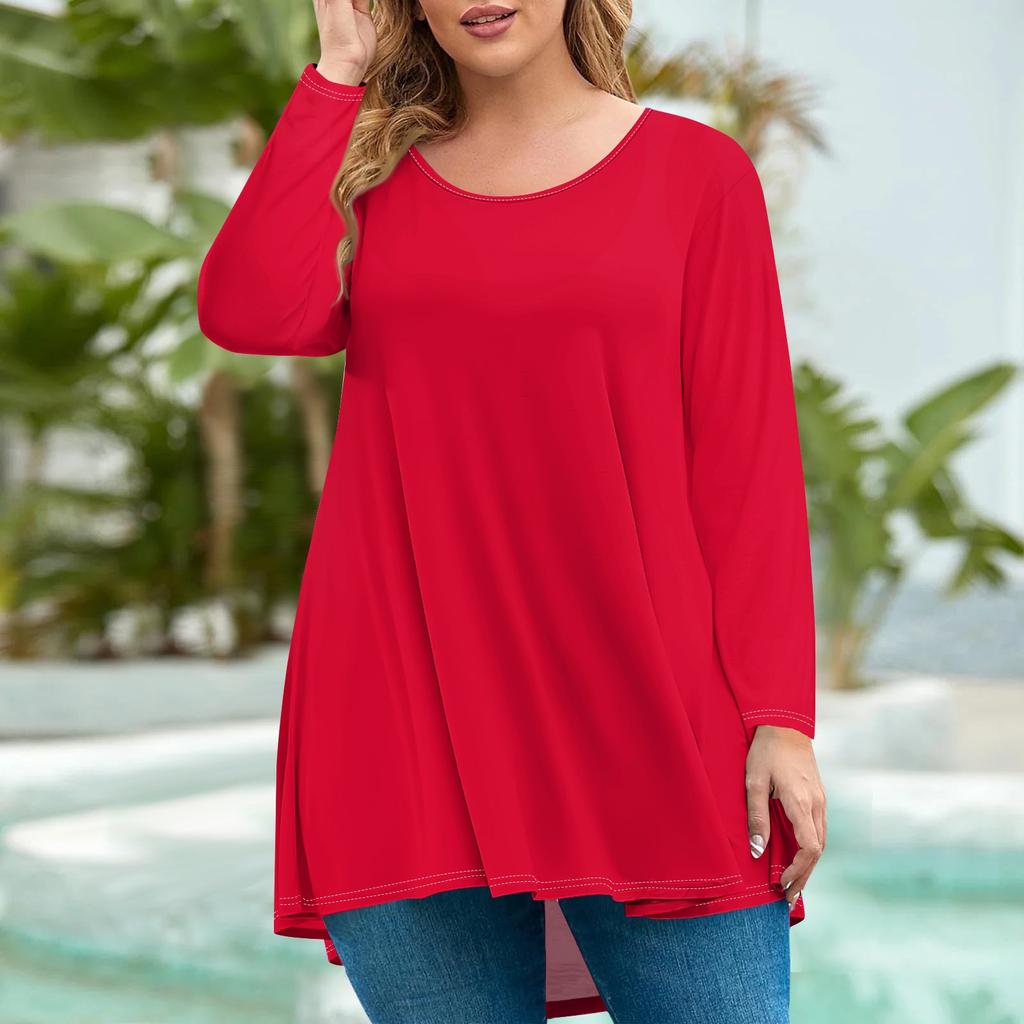 Женская мода большого размера с круглым вырезом и длинным рукавом, повседневный однотонный свободный пуловер