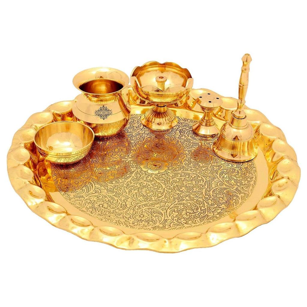Pure Brass Pooja Thali Set with Floral Vines Embossed Design, Religious Spiritual Item, Home Temple, DIameter-10.1" Inch