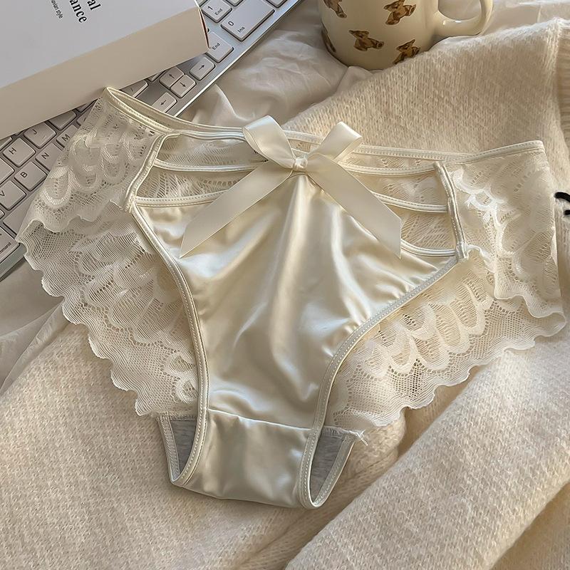 Pure Desire Wind Сексуальное кружевное нижнее белье с бантом и крестиком Женские трусы из чистого хлопка с промежностью и средней талией Дышащие треугольные трусики