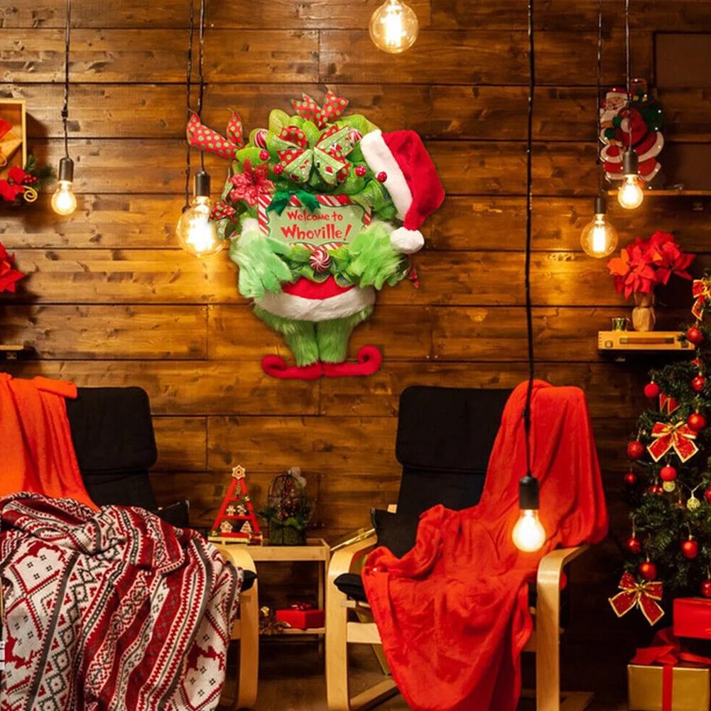 Зеленый мохнатый монстр подвесное украшение, рождественский венок в виде вора для каминной полки входной двери, зеленые ножки эльфа, рождественский венок для домашнего декора