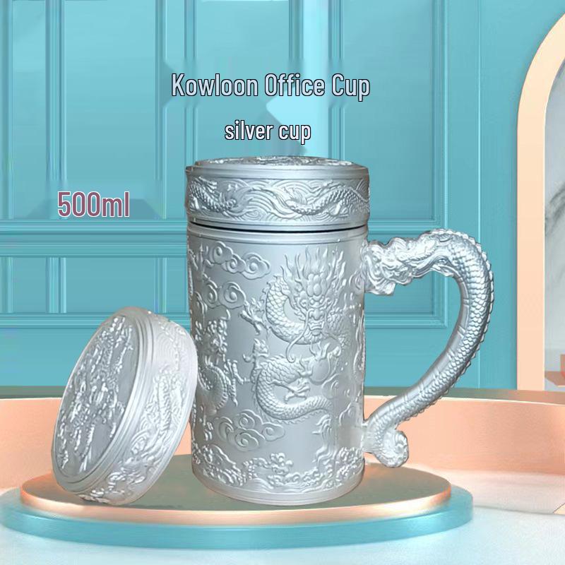 Pure Silver 9999 Thermal Water Cup - Nine Dragon, Hundred Blessings, Dragon & Phoenix Design