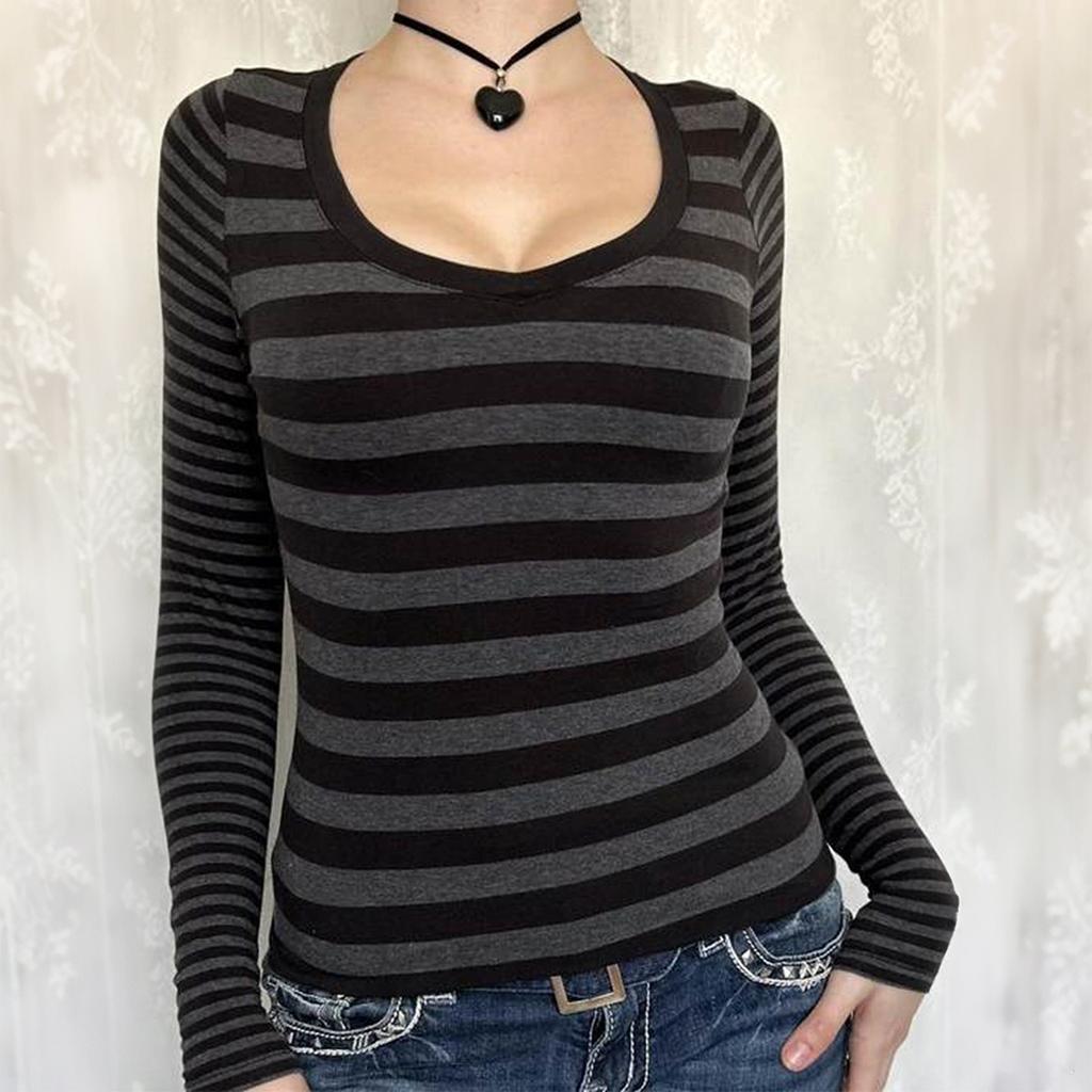 Y2K Striped Long-sleeved Sweater Women's T-shirt Women's 2025 Autumn