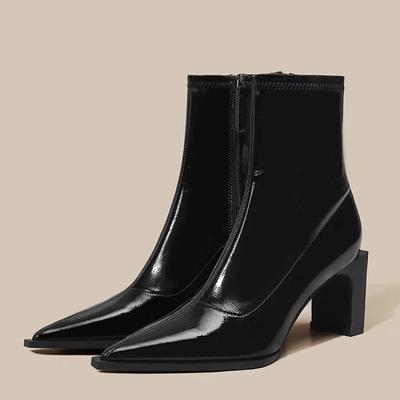 Модные ботильоны на высоком каблуке 7 см, белые, черные, однотонные, лакированные, женские туфли, элегантные, с острым носком, на молнии, зимние ботинки