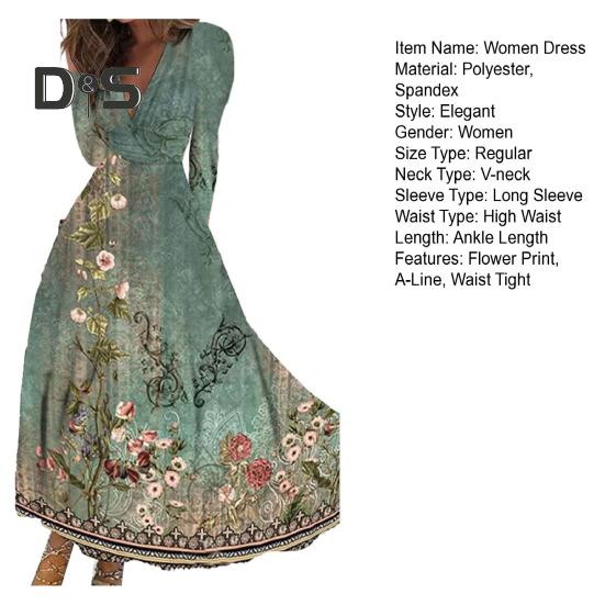Women Elegant Floral Print Maxi Dress V Neck Long Sleeve High Waist Gown Dress A Line Long Dress Streetwear