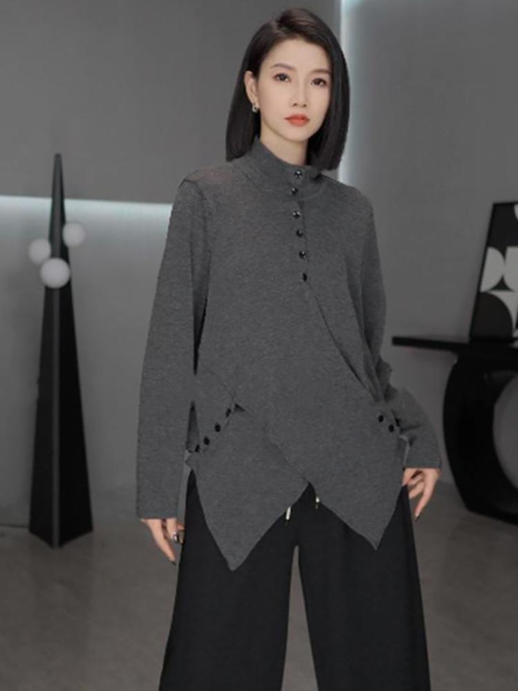 Xitao Повседневный однотонный женский топ с длинным рукавом и воротником-стойкой, нестандартная модная осенняя футболка GJ1123