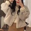 South Korea Chic Autumn and Winter Retro Gentle Sle Round Neck Single-Breasted Stripe Loose All-Match Lamb Wool Warm Outerwear