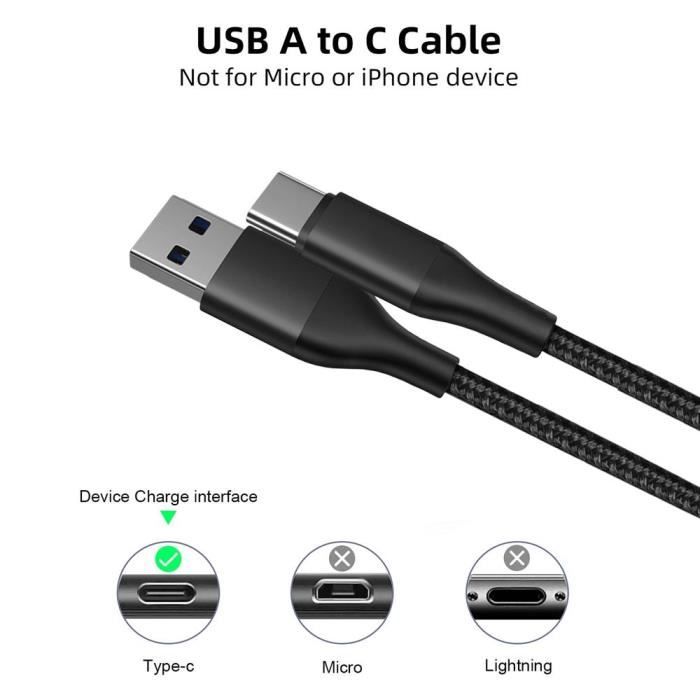 Câble USB-C - E.F.CONNECTION - Lot de 3 - Charge Rapide 3A - Nylon Tressé - 1M - Noir