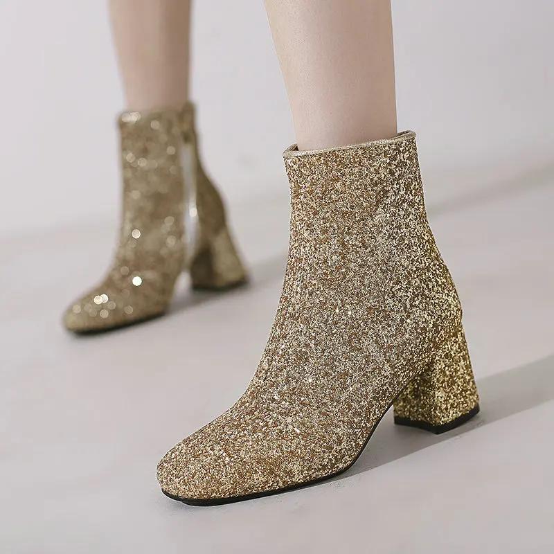 Gold Silver Blue Sequined Cloth Glitter Shoes Women High Heels Ankle Boots