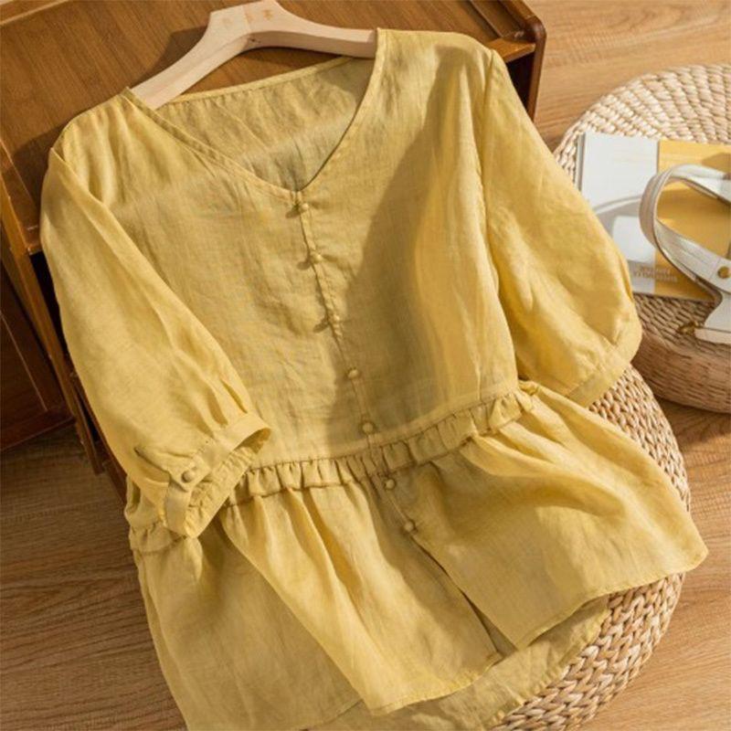 Японская хлопково-льняная женская рубашка с коротким рукавом, свободная и стройнящая, с темпераментным V-образным вырезом, кукольная рубашка-топ