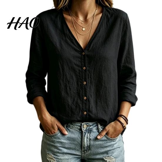 Women Loose Shirt V-Neck Long Sleeves Shirt, Solid Color Button Front Cotton Early Autumn Linen Blouse, Breathable Fit Casual Top for