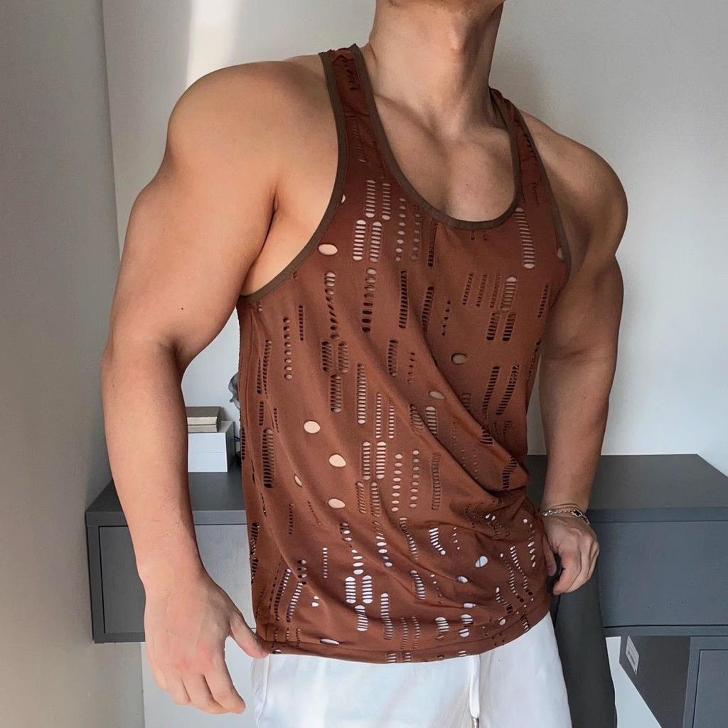 Мужские майки с вырезом, однотонные, с круглым вырезом, без рукавов, мужские жилеты, уличная одежда для фитнеса, летняя мужская одежда