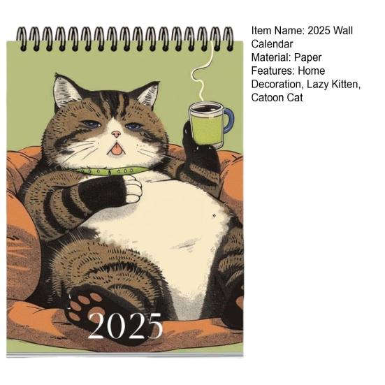 Ленивый котенок Календарь 2025 Ленивый кот пьет кофе Настенный календарь Мультяшный кот Искусство ежемесячный планировщик для любителей кошек