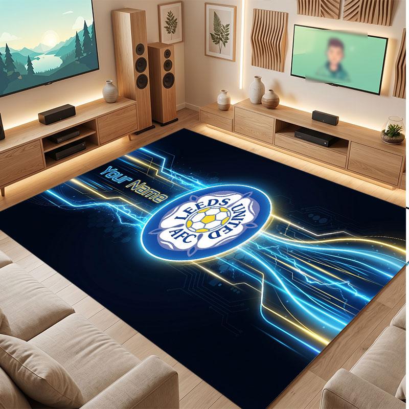 Leeds United Custom Crystal Velvet Rug, Personalized Name Text Print, Football Logo Soft Non‑Slip Floor Mat Home Decor Gift