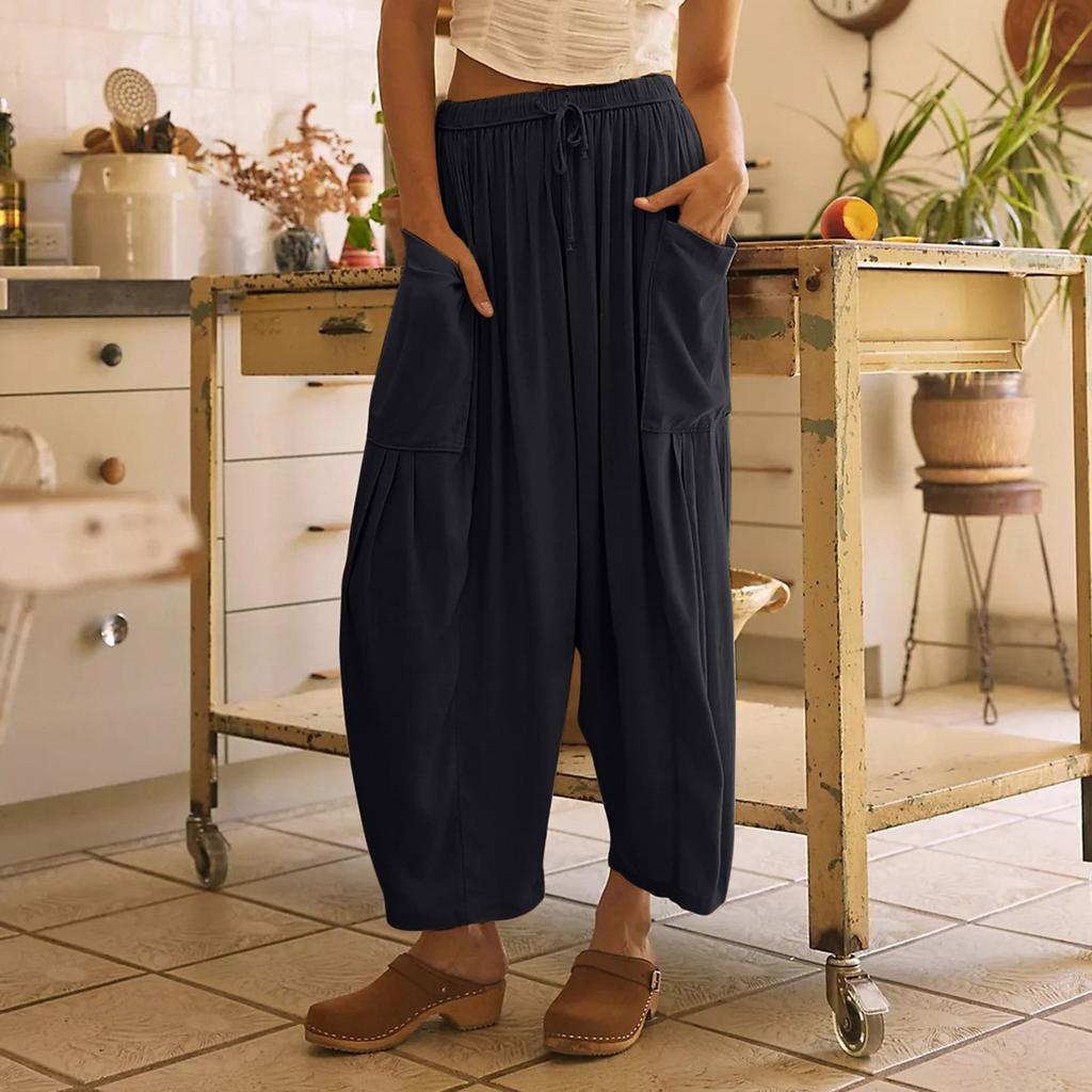 Women Plus Size Wide Leg Linen Pants Middle Waist Summer Baggy Pants