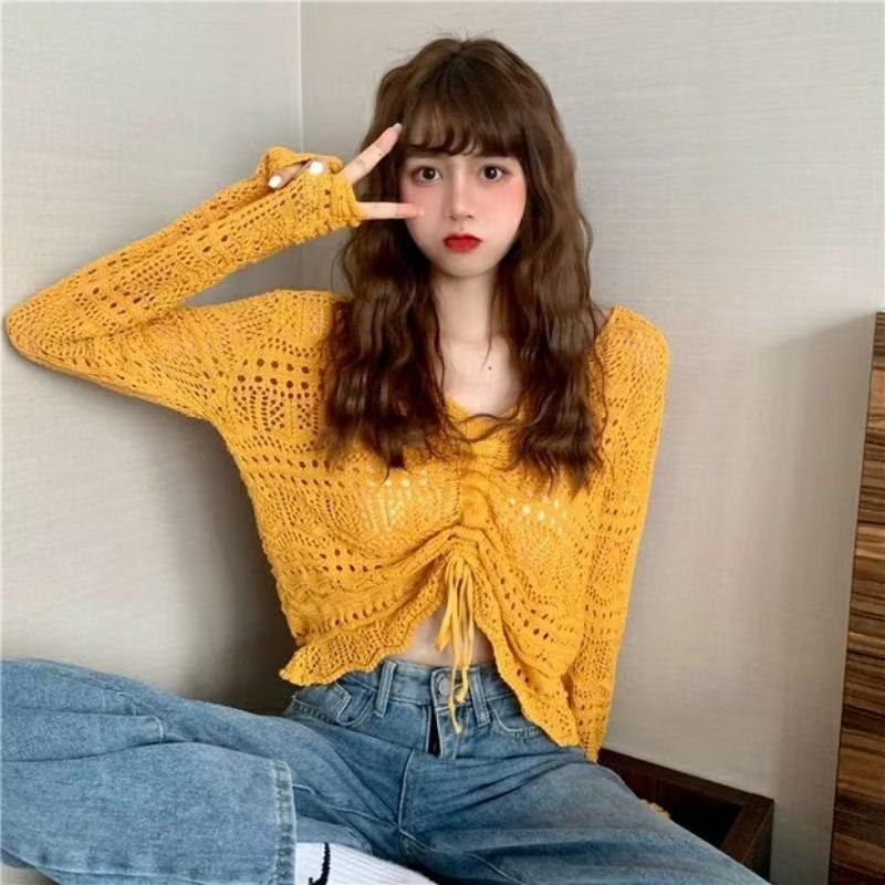 Chic Hollow Drawstring Knitted Sweater Women's Spring and Summer Small Sweet and Spicy Design Sense V-neck Lace-up Short Top