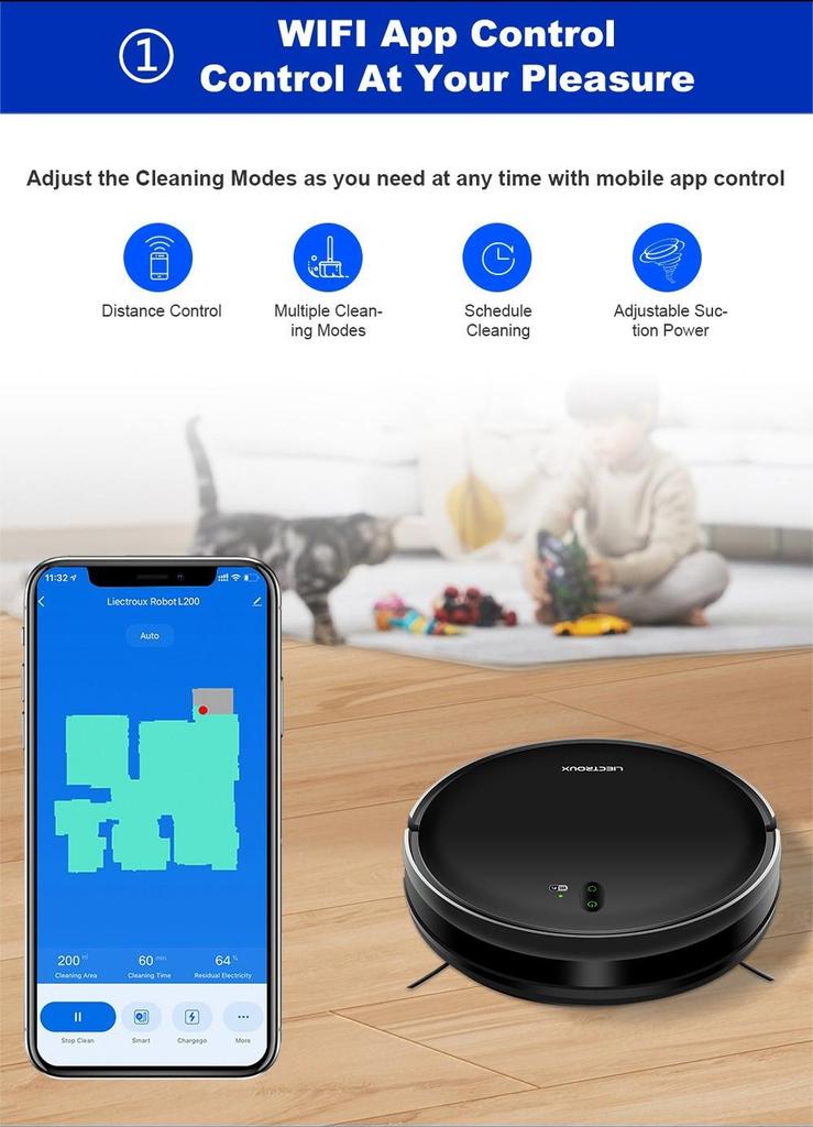 Liectroux L200 Robot Vacuum Cleaner, Max 4000Pa Suction, Smart Mapping, 230ml Electric Control Water Tank