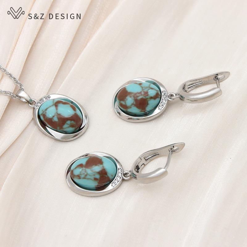 Винтажные элегантные серьги в форме яйца цвета розового золота, овальные серьги с имитацией бирюзы, комплекты ювелирных изделий для женщин, свадебное ожерелье с подвеской