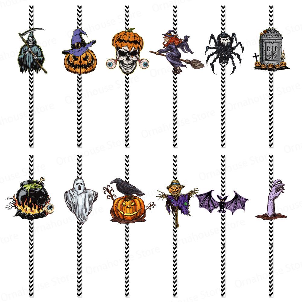Halloween Themed Straw Retro Creative Water Cup Disposable Paper Straw Party Decoration Supplies Birthday Party Decorations