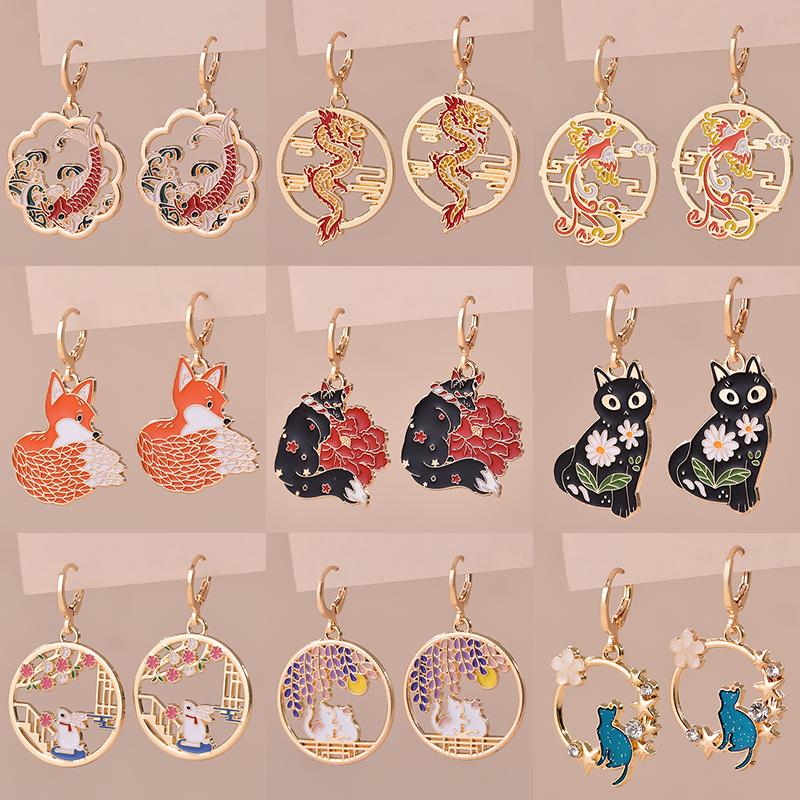 Colorful Aesthetic Animal Cat Rabbit Koi Dragon Earrings For Women Girls Enameled Delicate Gold Color Hoop Earrings Zircon Gift
