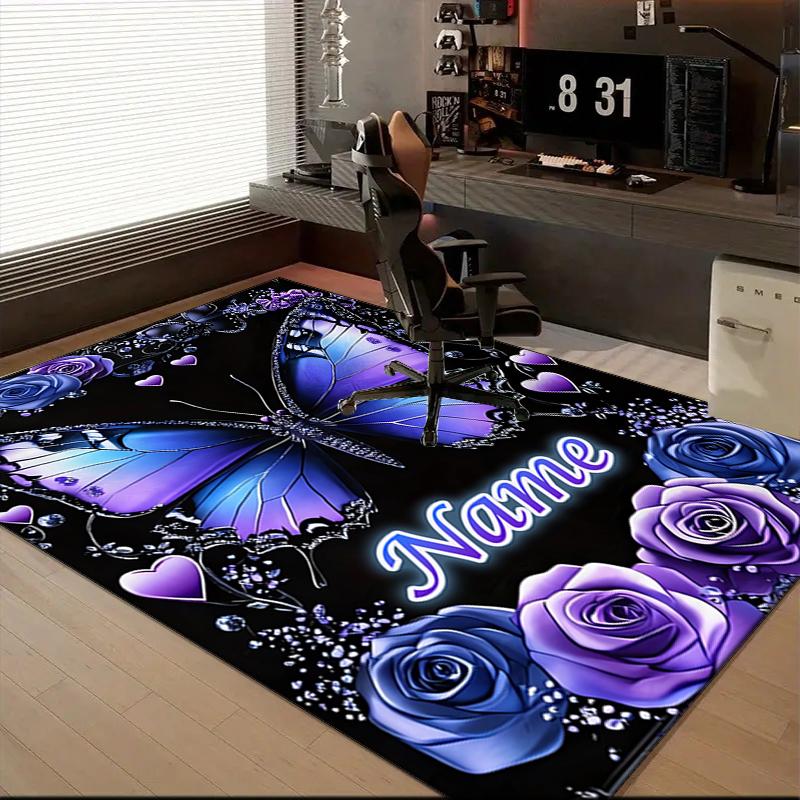 1PC Custom Name Purple Butterfly Roses Theme Floor Mat Ideal for Living Room, Game Rooms, Office, Bedroom,Floor Mat Playful Design