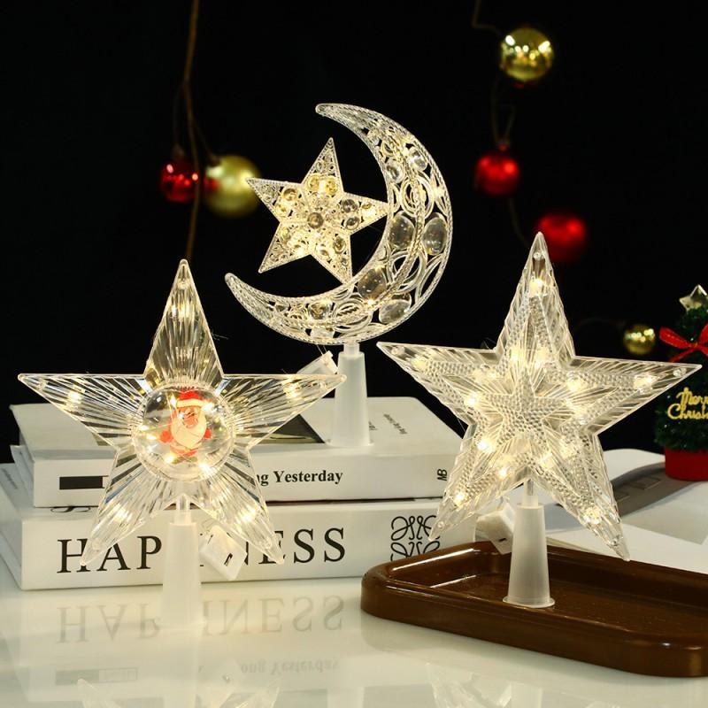 LED Christmas Tree Topper Star Moon Ornament Hollow Cutout Light Decor Holiday Home Party