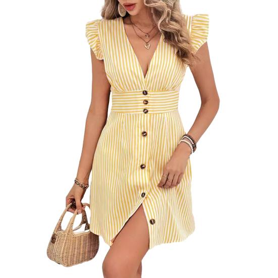 Женское платье с полосатым принтом, летнее короткое платье А-силуэта с пуговицами спереди, оборками, рукавами-крылышками и V-образным вырезом, мини-платье для вечеринки