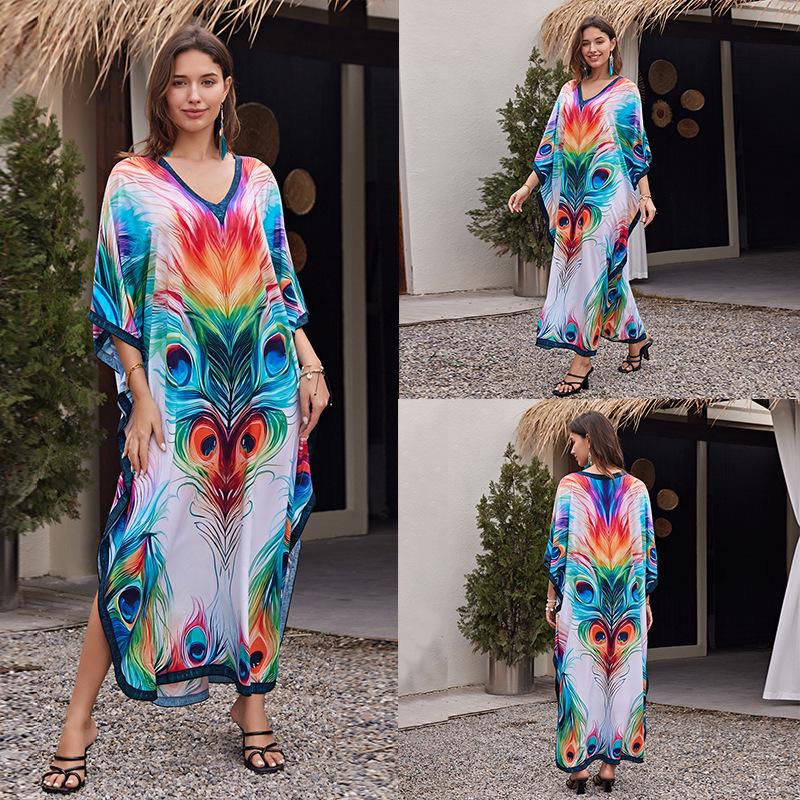 European-American Cotton Print Loose Plus Size Long Dress Beach Cover-Up Robe Style