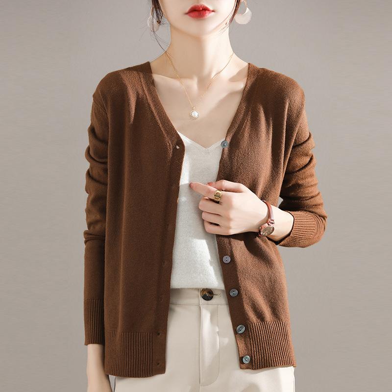 Осень Зима Повседневная Мода Однотонный Кардиган Пальто Женский Универсальный Базовый Вязаный Топ
