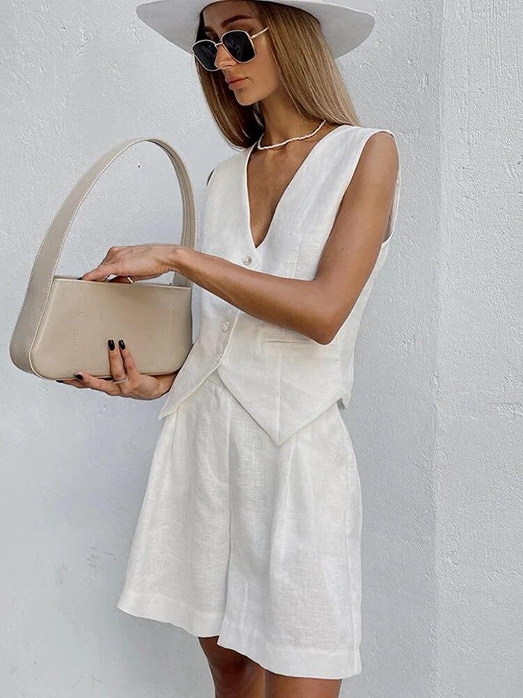 Women Cotton Line Waistcoat Shorts Sets Elegant Sleeveless Single Breasted Top Two Piece Set Womens 2023 Summer Lady Outsuit