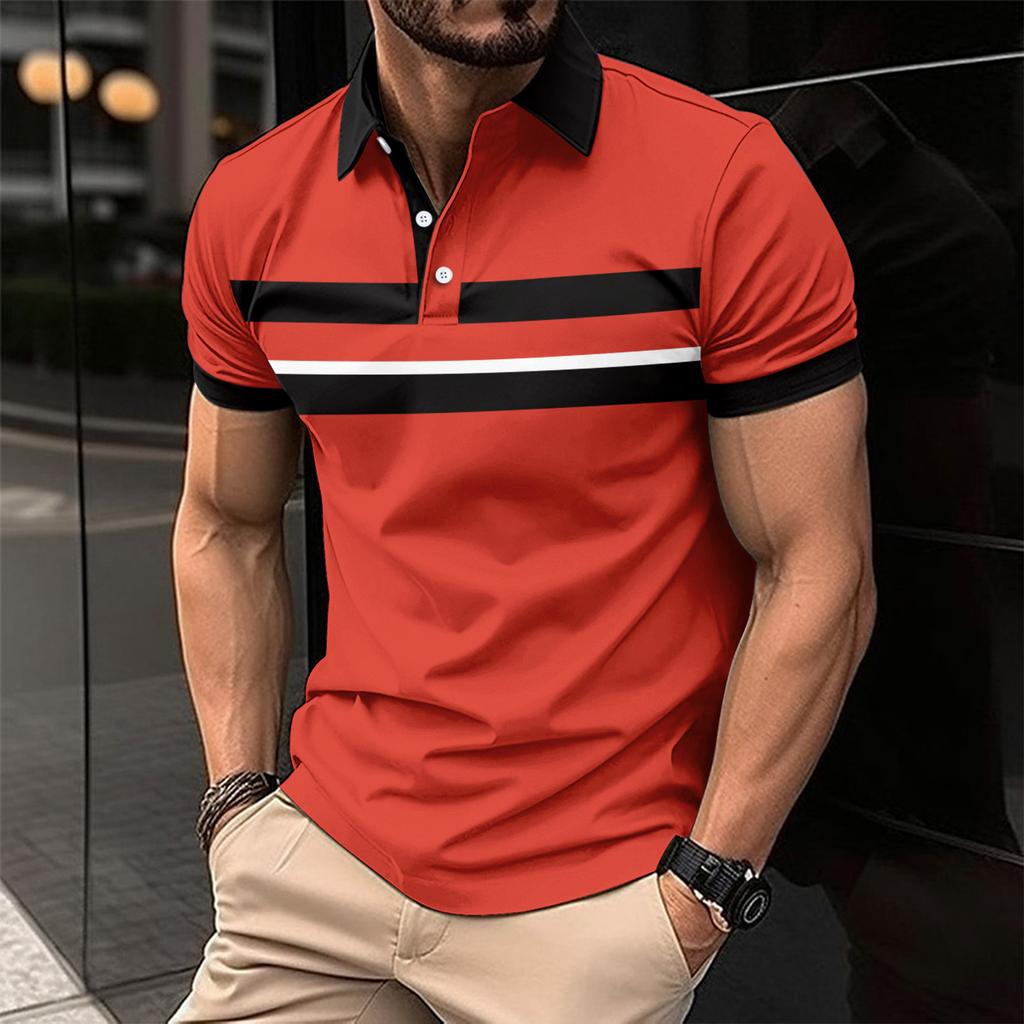 New Men's Casual Polo Shirt with Collar and Buttons Versatile Business Digital Stripe Print Top
