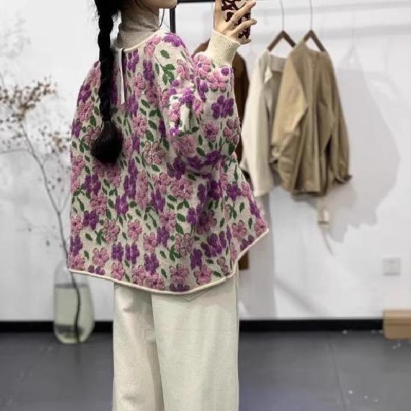 Sweaters Flower Cardigan Autumn Women Print O-Neck Sweaters Knitting Loose Sweater Black