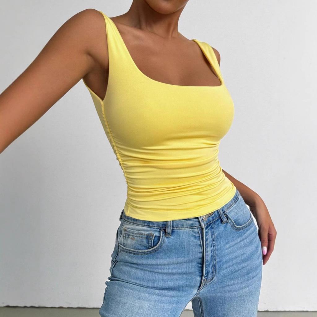 Women's Sleeveless Camisole Vest with Square Neckline, Casual Basic Style, Exposed Navel Top