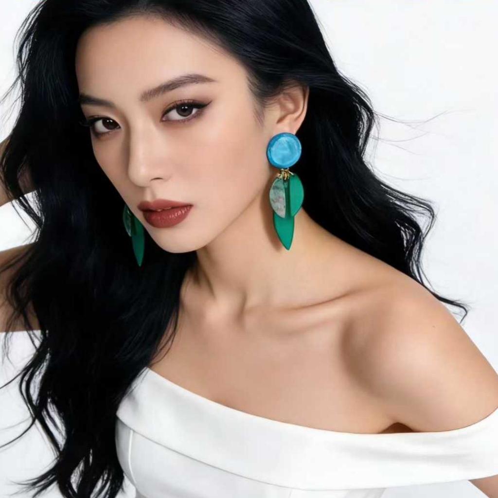 Handmade Pop Art Blue-Green Leaf Stud Earrings for Women