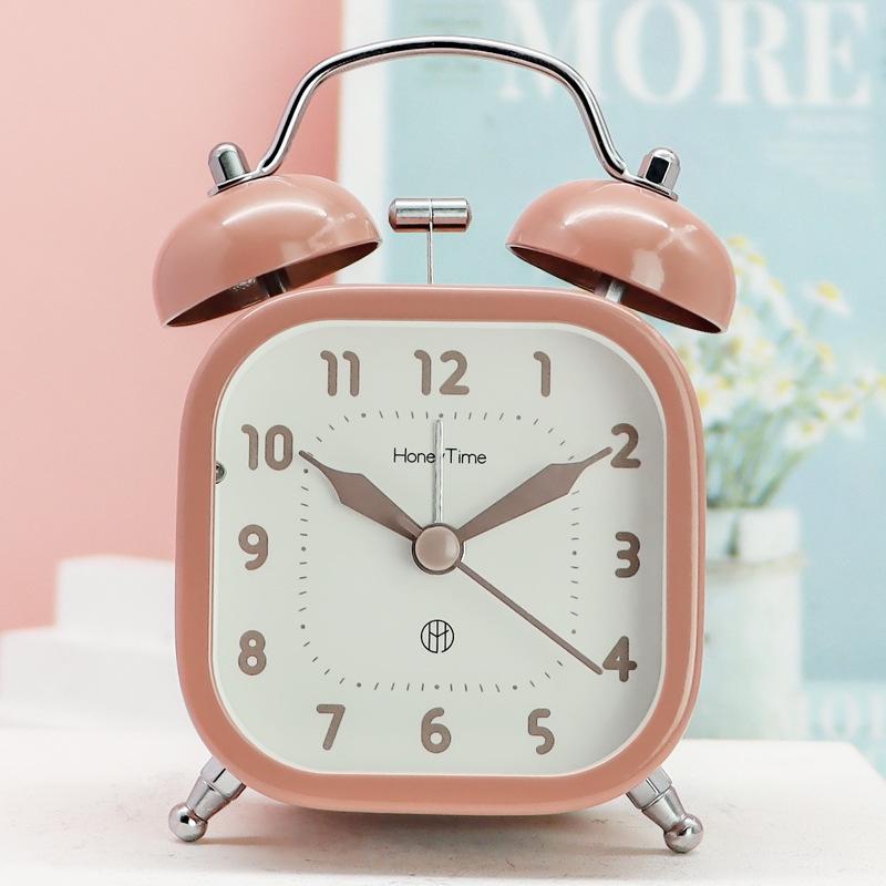 Студенческий 3-дюймовый квадратный металлический звонок-будильник для дома, прикроватный, с плавным ходом секундной стрелки и ночной подсветкой, кварцевые часы