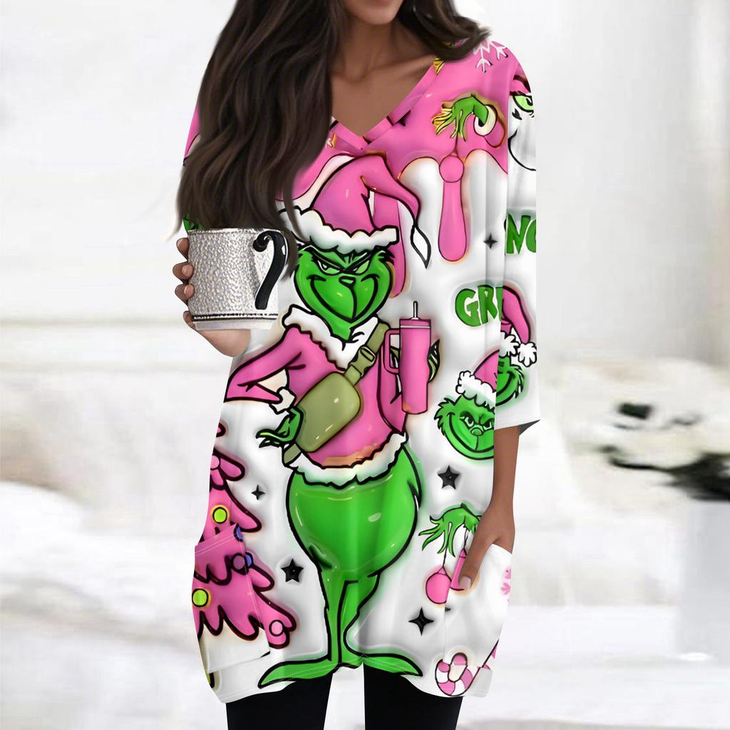 Женские топы с V-образным вырезом и рукавом 3/4, повседневные блузки средней длины, модные туники с рождественским принтом и карманами