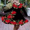 Girl Casual 3D Rose with Long Thorns Print Round Neck Long Sleeve Dress Kid Princess Dress